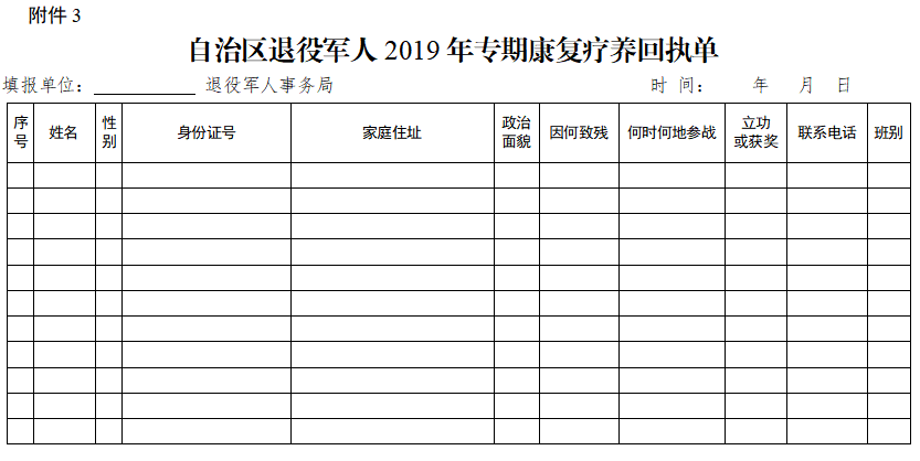 自治区退役军人2019年专期康复疗养回执单